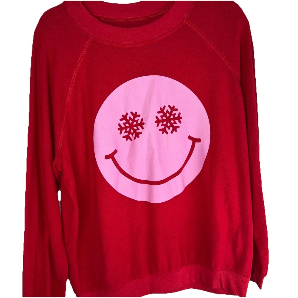 Buddy Love Red Smiley Face Snowflake Eyes Long Sleeve Crewneck Sweater